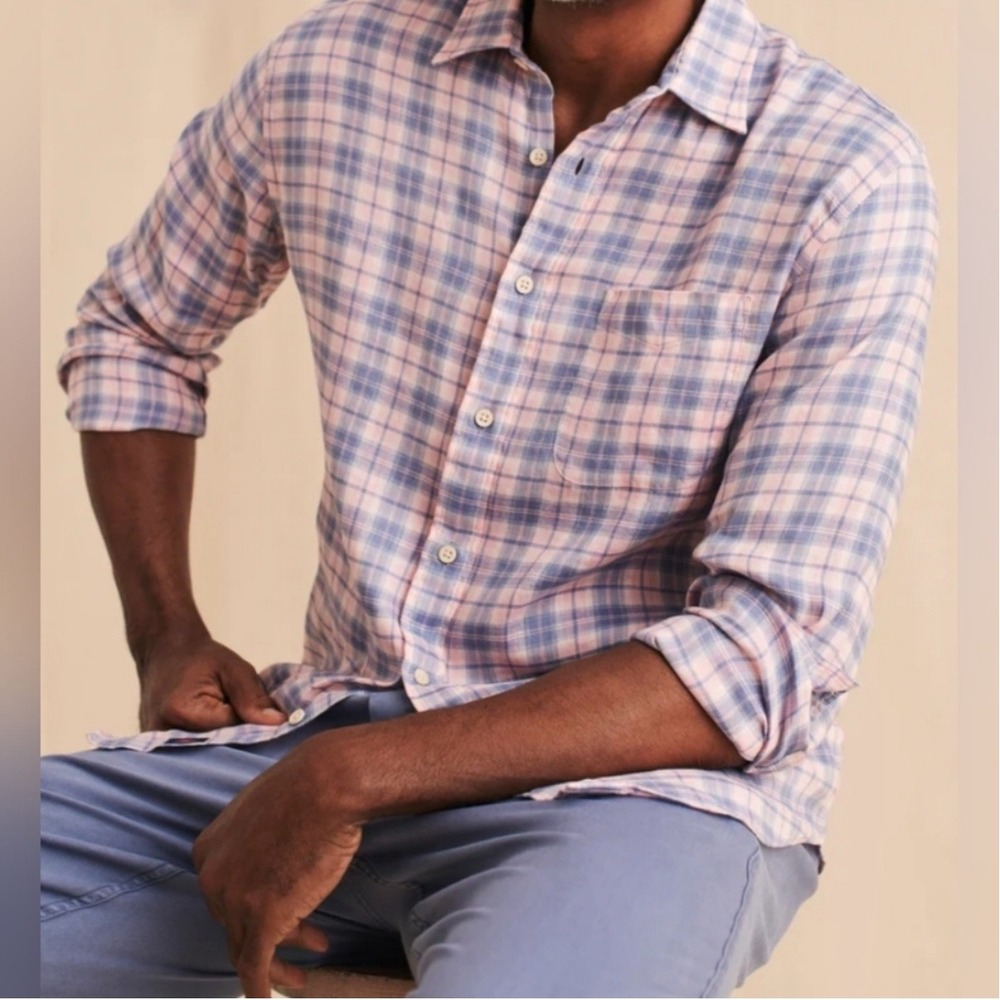 Faherty Morning Breeze Plaid Linen Blend‎ Button Down Long Sleeve Shirt - Small